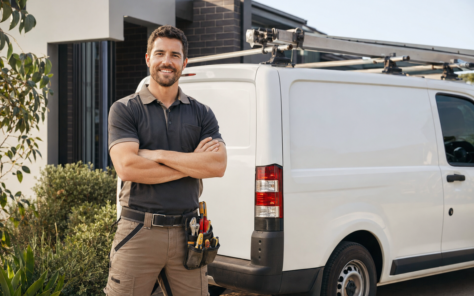 A professional local tradesperson beside a service van at a suburban home